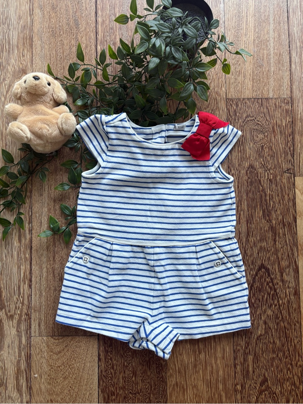 Janie and Jack Navy and White Striped Romper with Red Bow